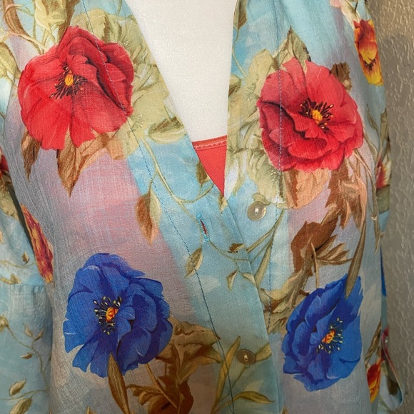 Umgee Turquoise Sheer Floral Blouse - Picture 8 of 11